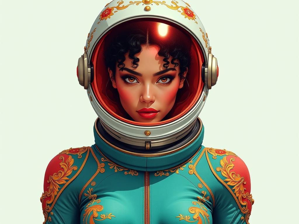 Venezuelan Woman in Ornate Teal Spacesuit Watercolor