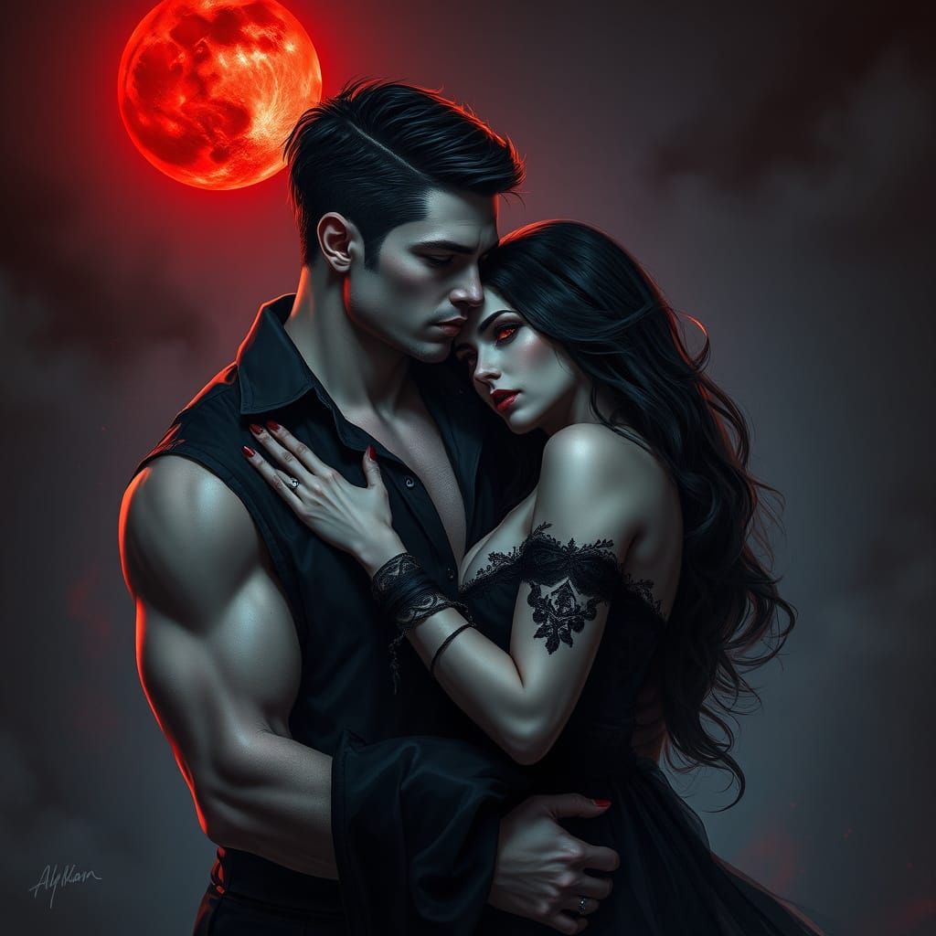 Ethereal Vampire Couple Under Red Moonlight