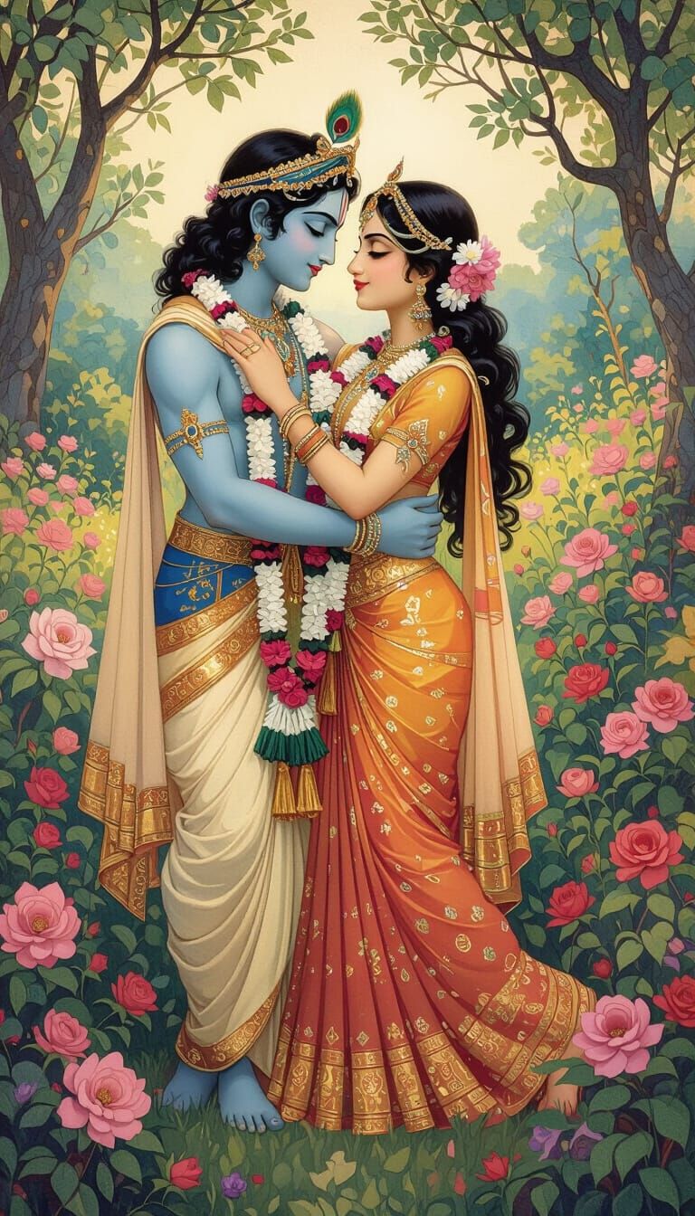 Krishna and Radha Embrace: Gouache-Style Impressionist Paint...