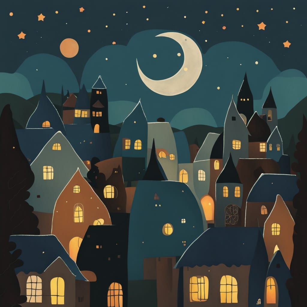 Charming Folk Art Village Under a Large Moon