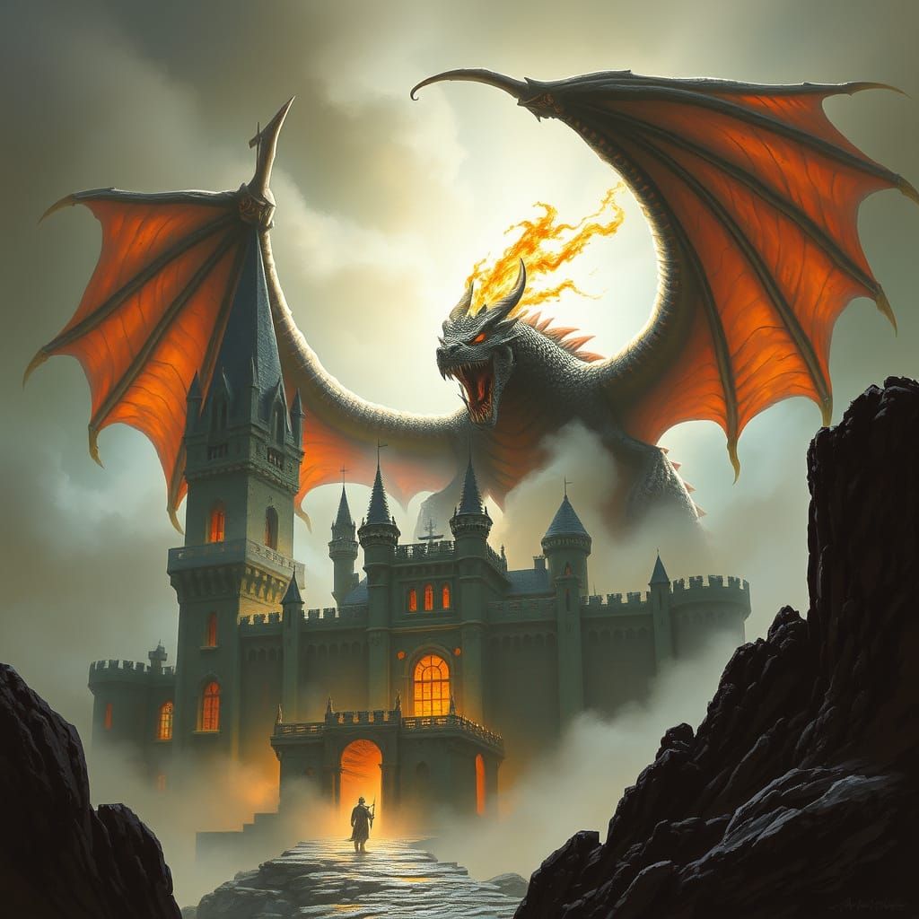 Epic Dragon Guarding Medieval Castle Art