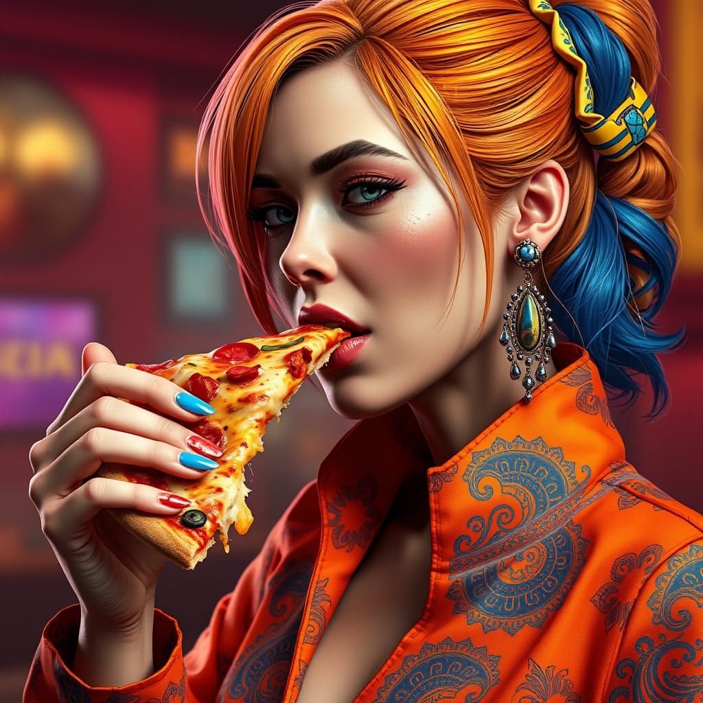 Colorful Woman Eating Pizza in Cinematic Lighting