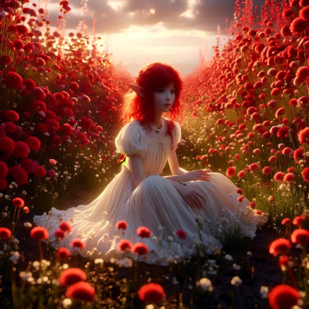 Anime Girl in Flower Field at Golden Hour