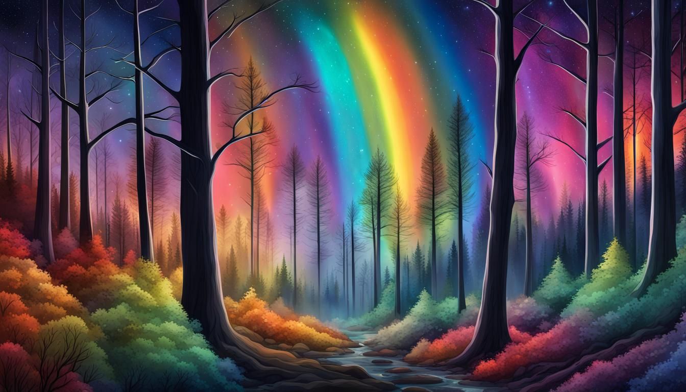 Rainbow Forest Glows Under Starry Moons