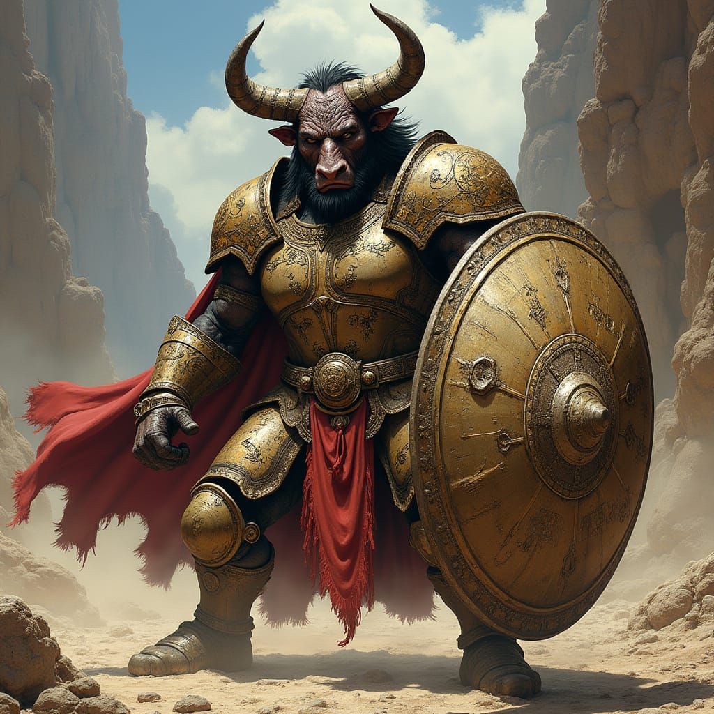 Minotaur in Ornate Plate Armor, Wielding a Shield
