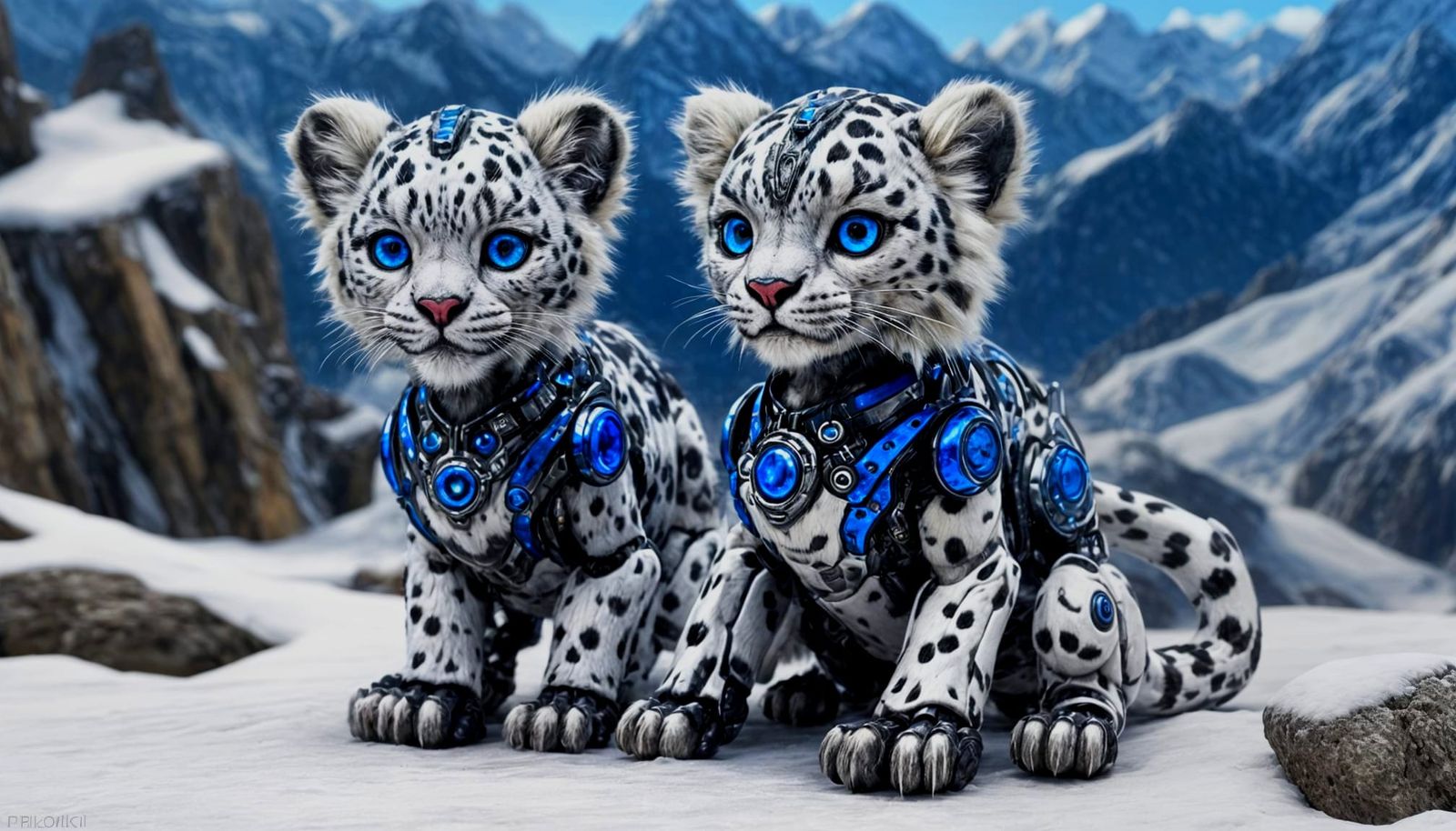 Photorealistic Baby Snow Leopard Cyborg with Blue Eyes