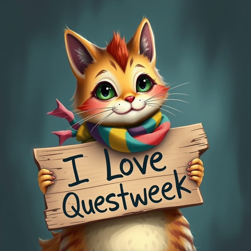 Kittensaurus Holding "I Love Questweek" Sign in Whimsical St...