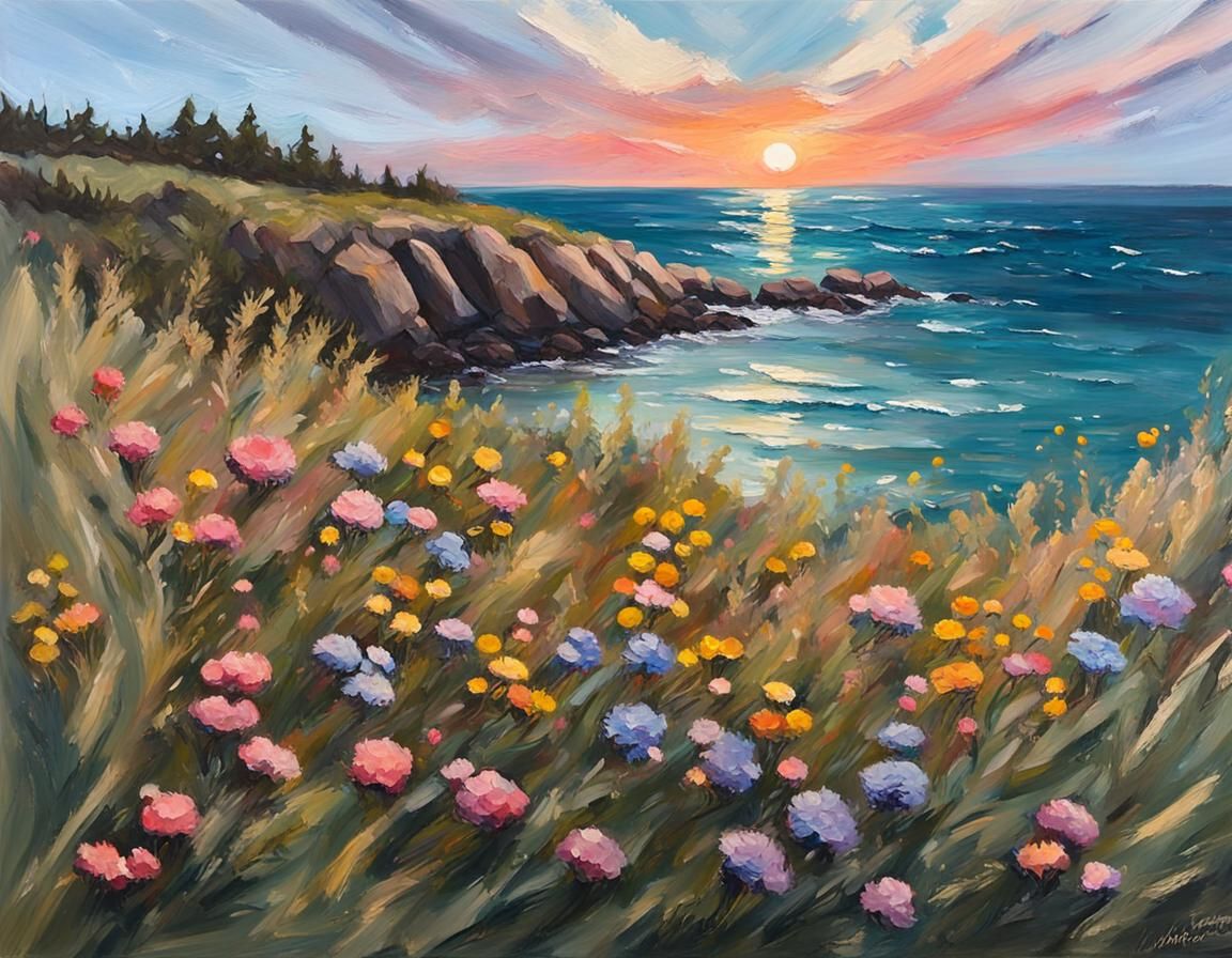 Seaside Sunset: Impressionist Wildflower Gouache Painting