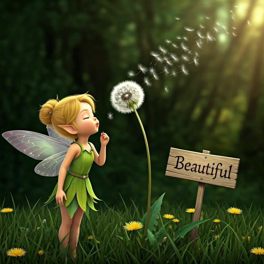 Fairy Blowing Dandelion Seeds by Beautiful Sign
