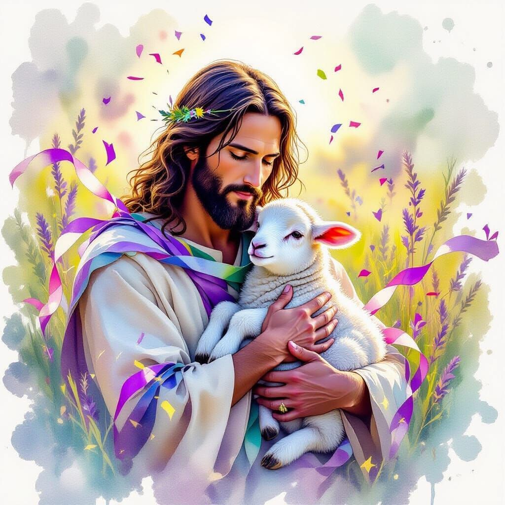 Jesus with Lamb in Vibrant Watercolor Style