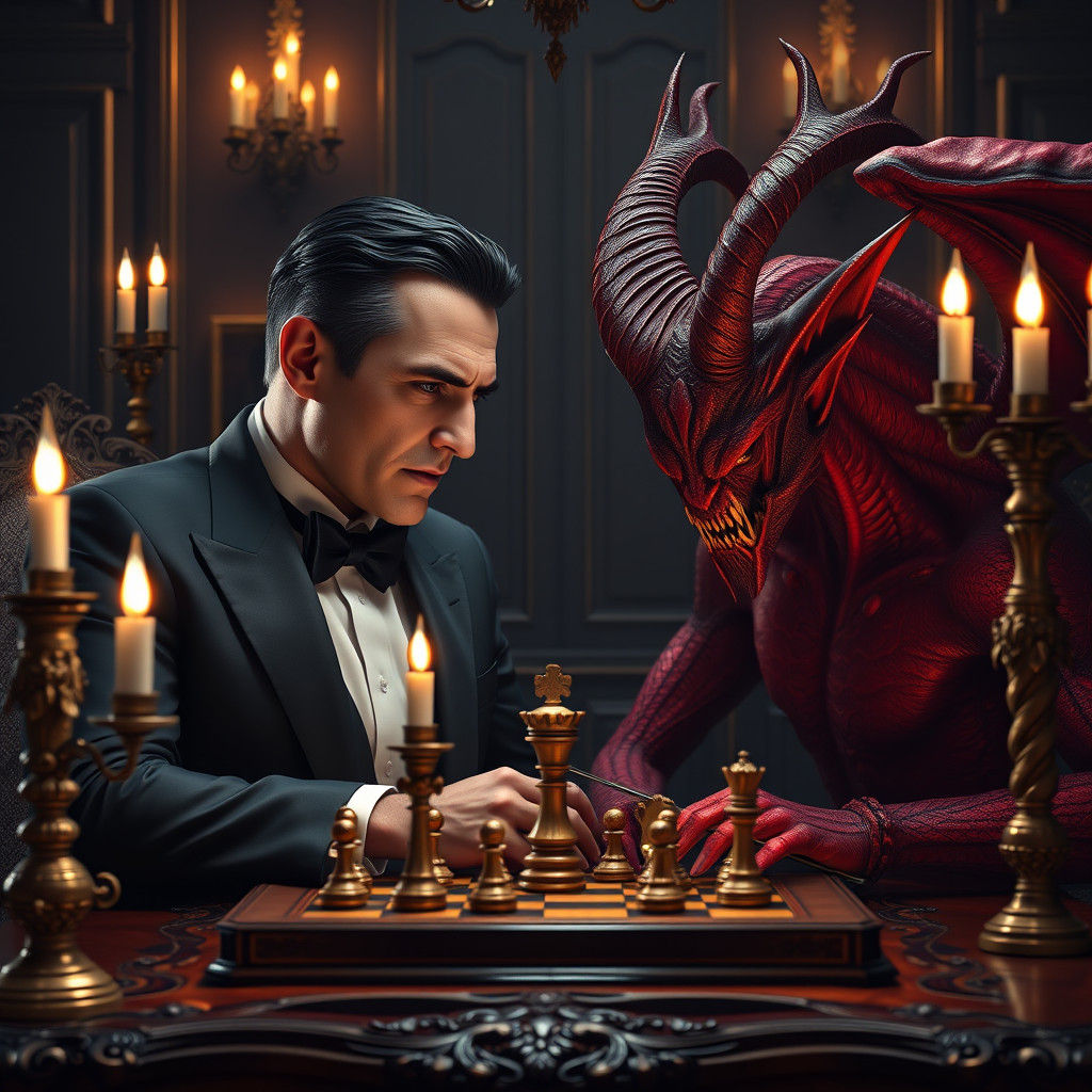 Billionaire's Chess Match with Demon in Gothic Study