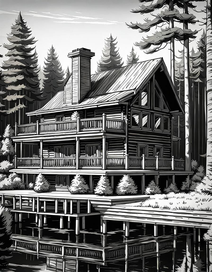 Elegant Log Cabin Mansion: Line Art Drawing