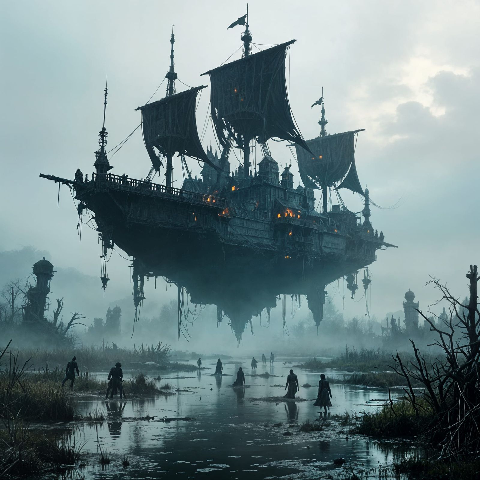 Flying Necro Fortress Over Undead Swampland