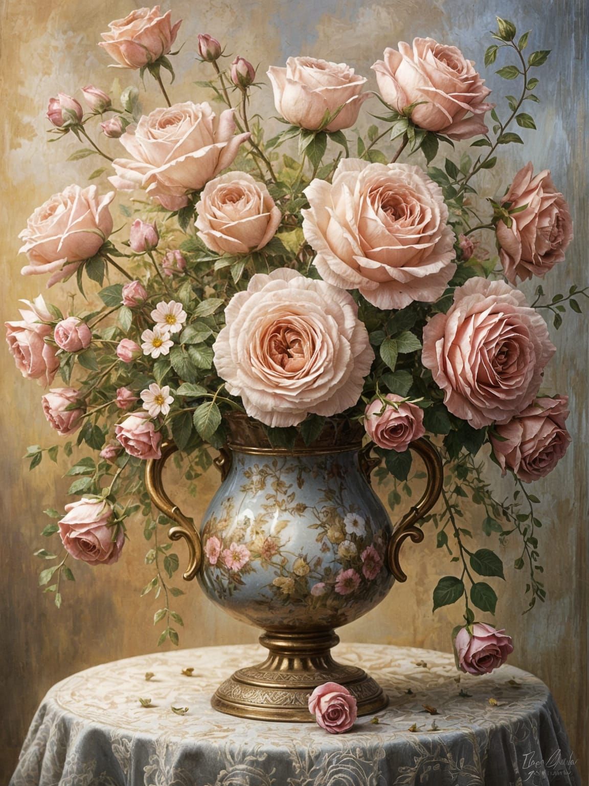 Victorian Roses in Soft Pink and Golden Hues