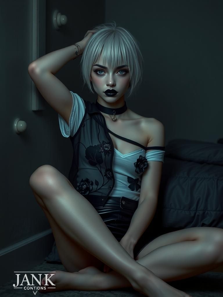 Emo Girl in Dim Bedroom, Concept Art Illustration