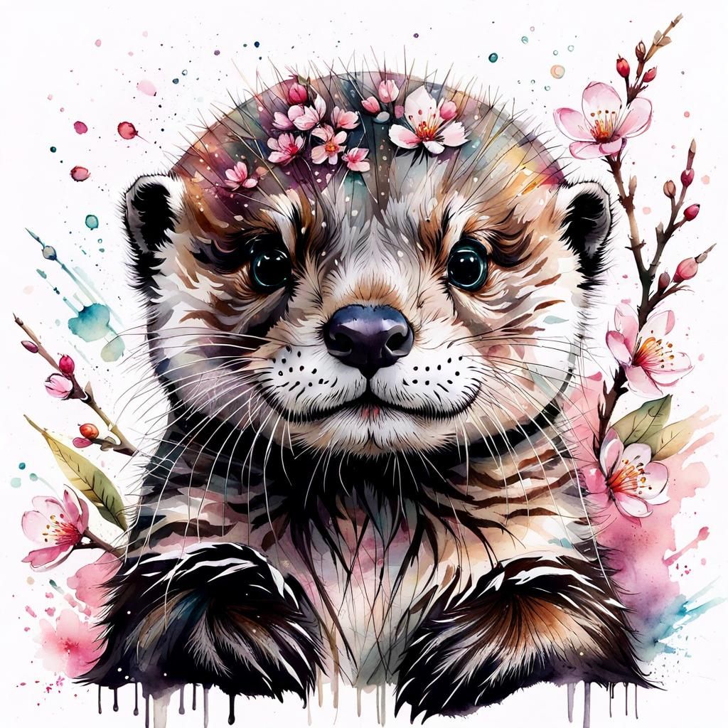 Cute Otter Cub in Sakura Garden, Watercolor Art