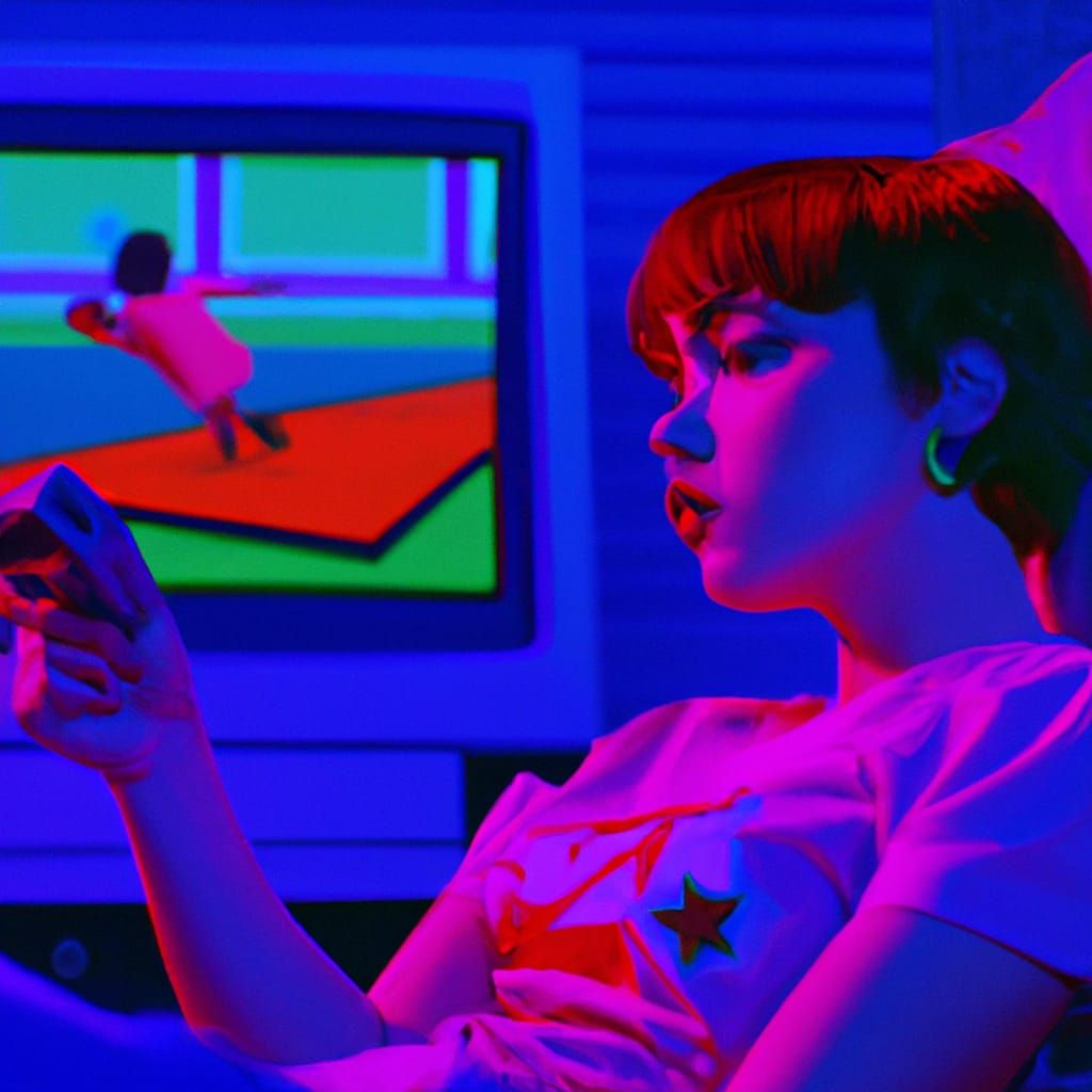 Redhead Girl Playing 80s Video Games in Retrowave Style