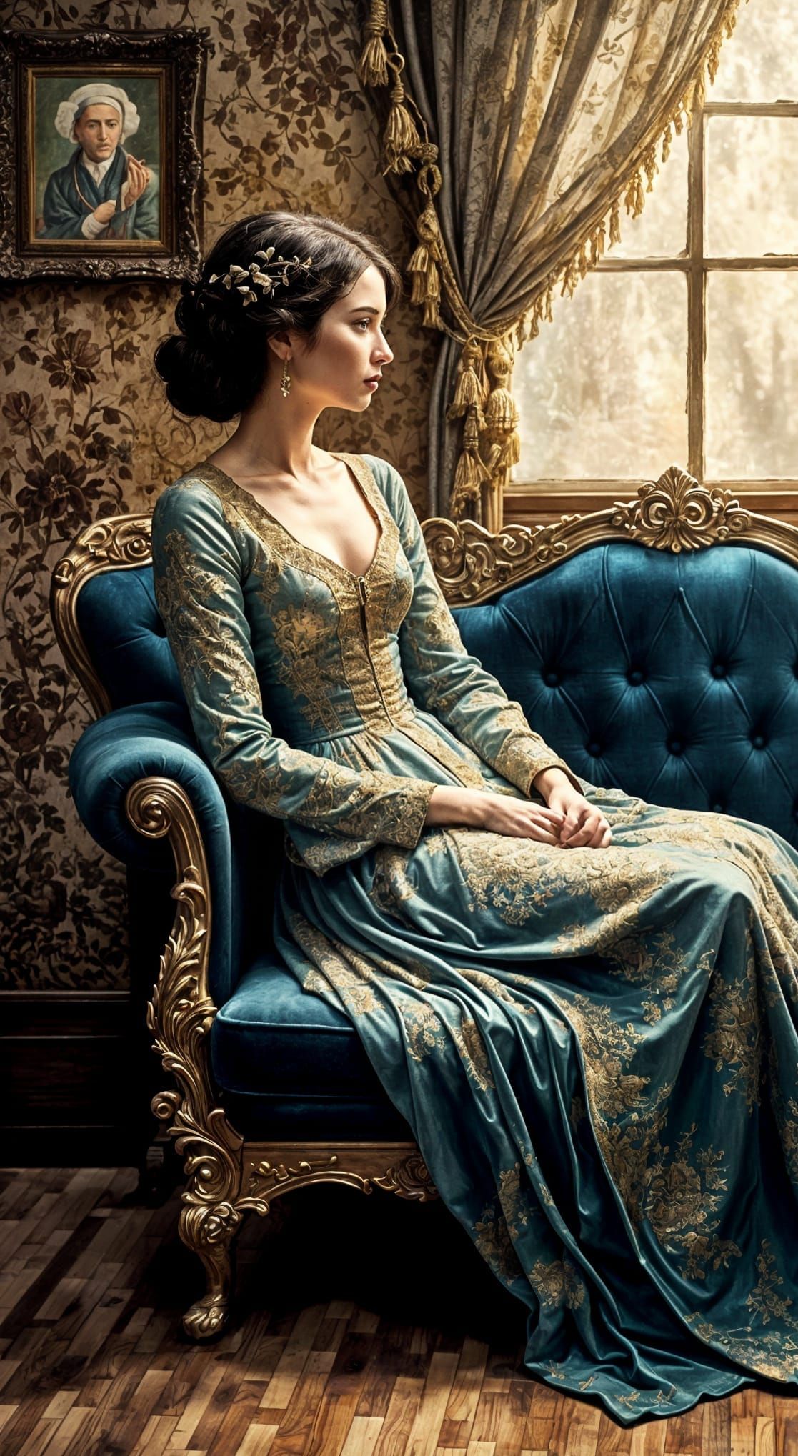 Vintage Lady in Elegant Sitting Room with Golden Menorah