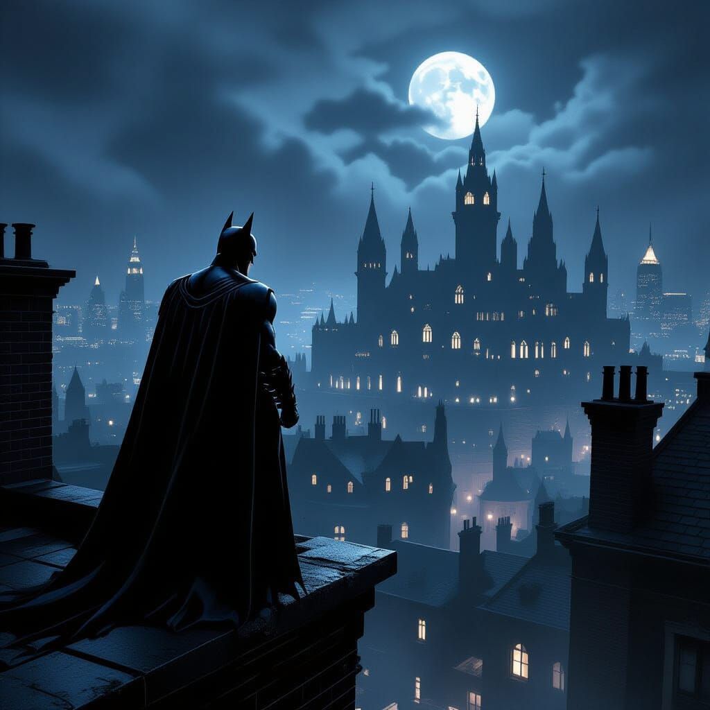 Batman Overlooking Gotham City from Wayne Manor