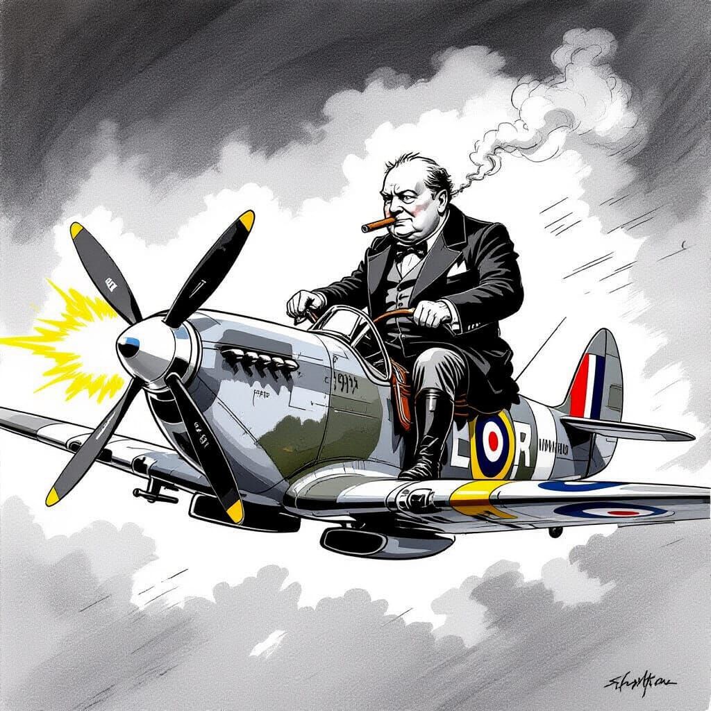 Winston Churchill Rides Spitfire in Dynamic Caricature Style