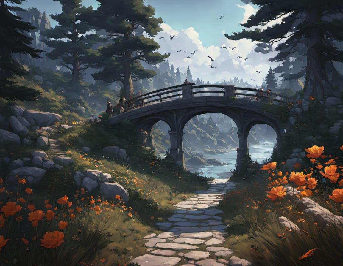 Vibrant Coastal Scene with Bridge and Cottages in Triadic Co...