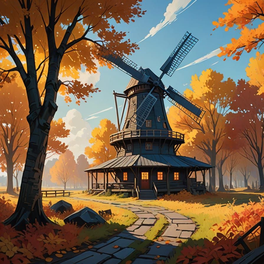 Ethereal Windmill Amidst Autumn Whirlwind in Vibrant HDR