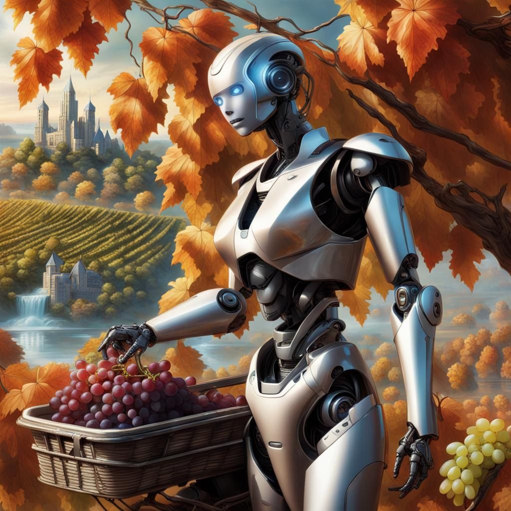 Futuristic Robot Harvest in Autumn Vineyard