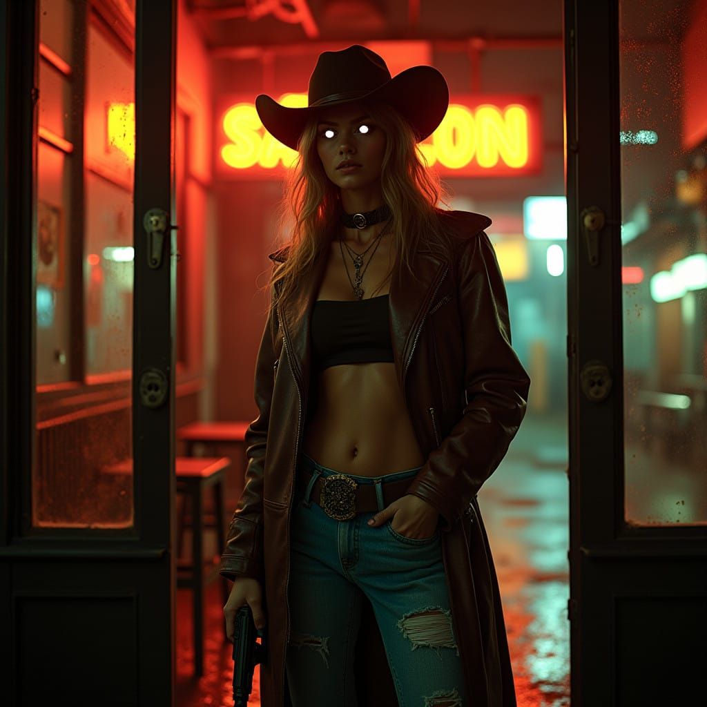 Cyberpunk Space Cowgirl in Neon Lit Saloon