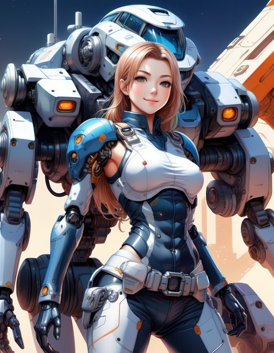 Alluring Sci-Fi Pilot and Giant Mech in Anime Style