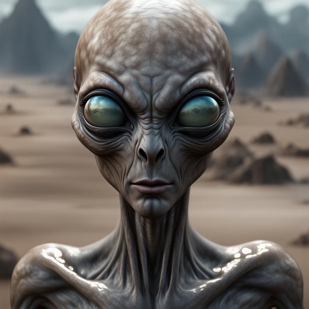 Realistic 3D Grey Alien with Glassy Eyes