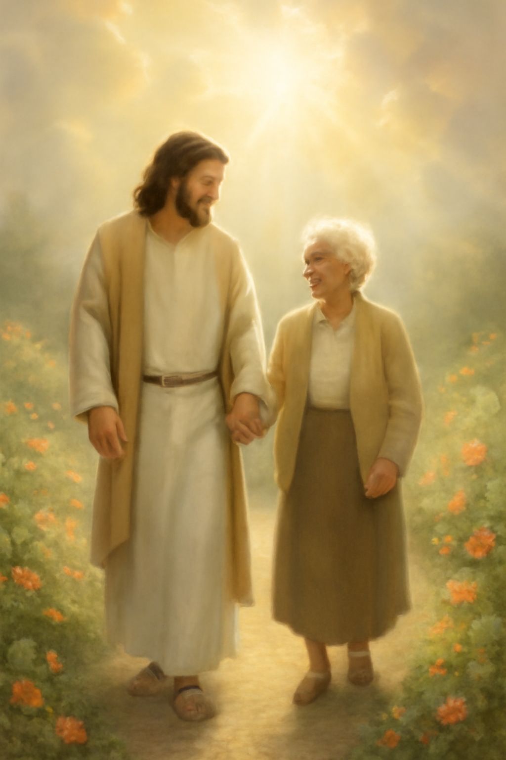 Jesus Walks with Elderly Woman on Flower Path