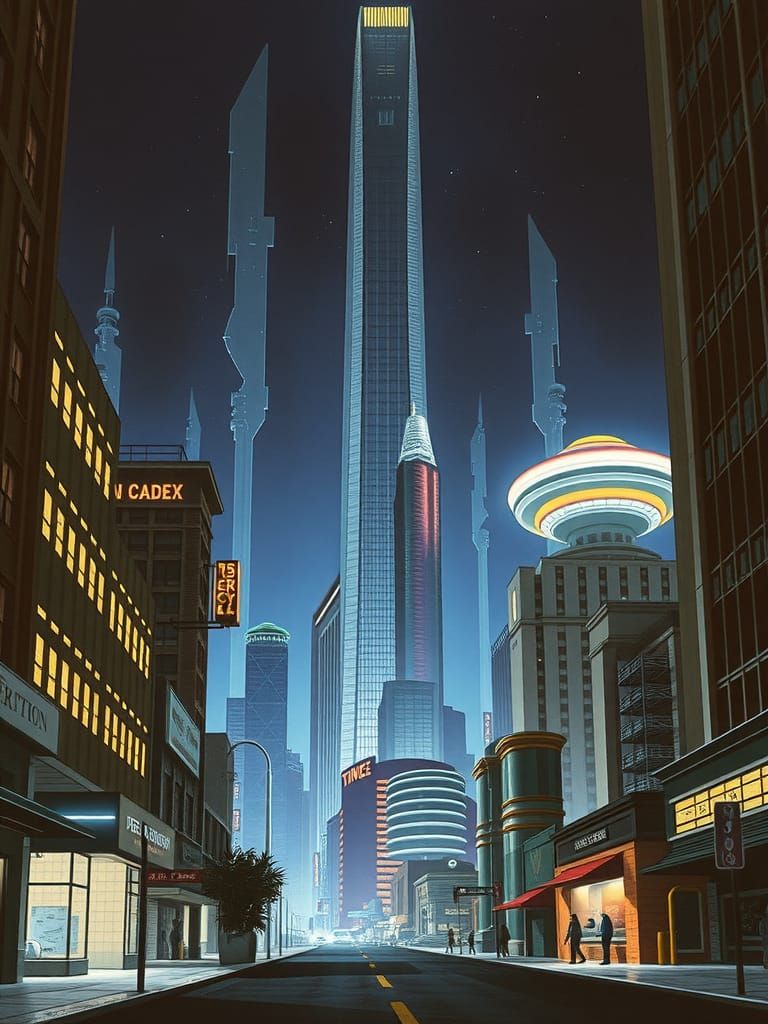 Futuristic Skyscraper at Night in 70s Sci-Fi Style