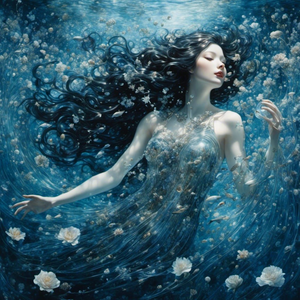 Woman Swimming in Starry Liquid Glass Ocean