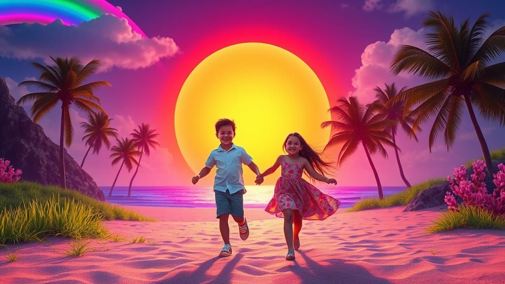 Joyful Children on Bioluminescent Beach, Hyper-Realistic Sty...