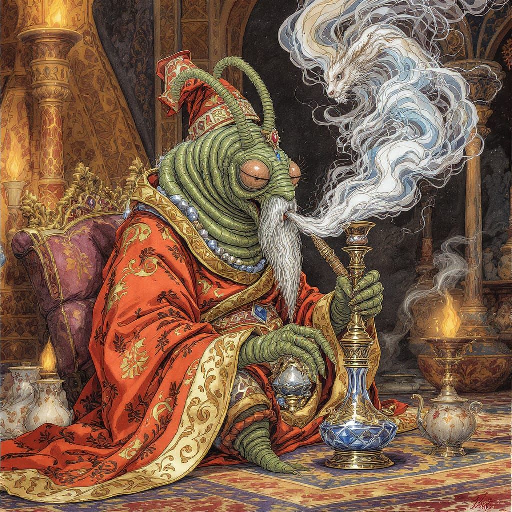 Anthropomorphic Caterpillar Sage Smoking Hookah