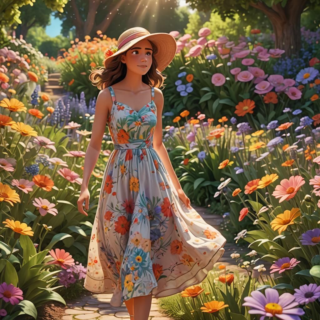 Woman in Flower Garden: Pixar Style 3D Animation