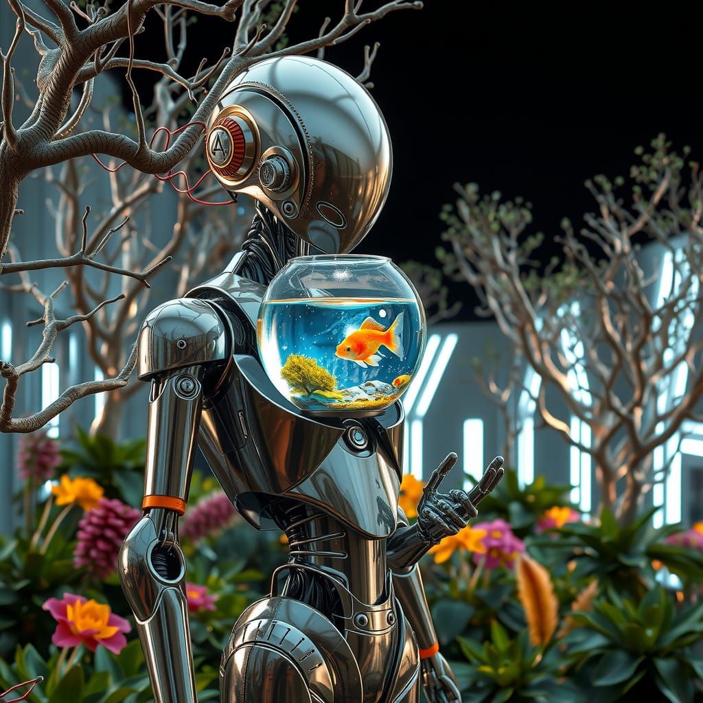Futuristic Robot in Garden, Cyberpunk Style