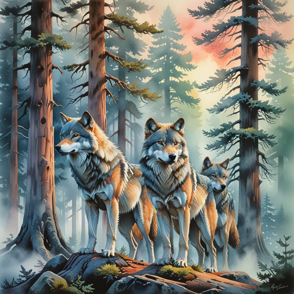 Wolves in Twilight Cedar Forest, Surreal Watercolor