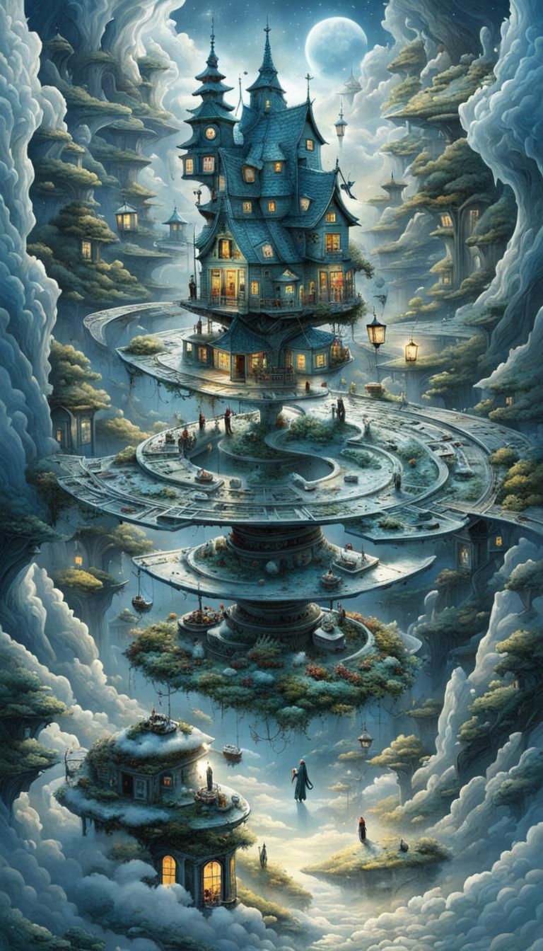 Surreal Stargate Scene with Bonsai and Cottages