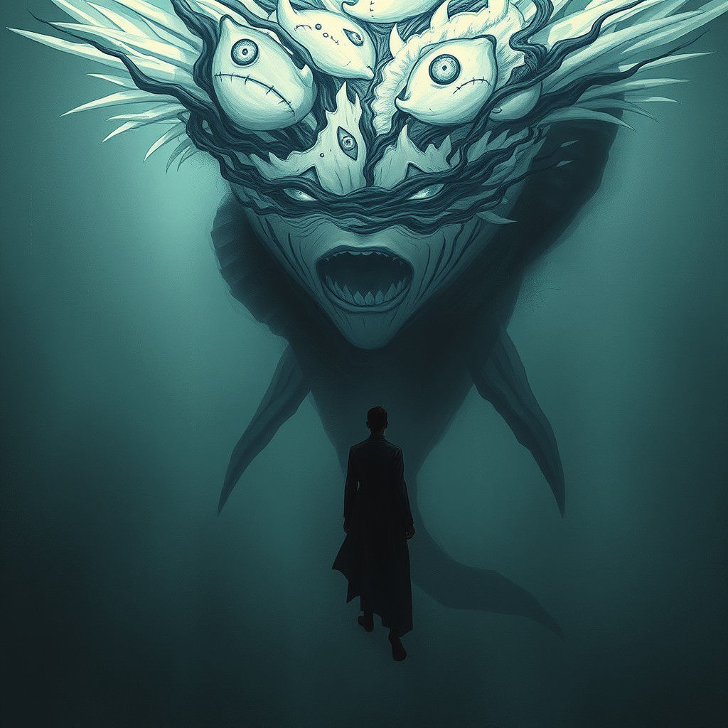 Sinister Human Whale Hybrid in Horror Manga Style
