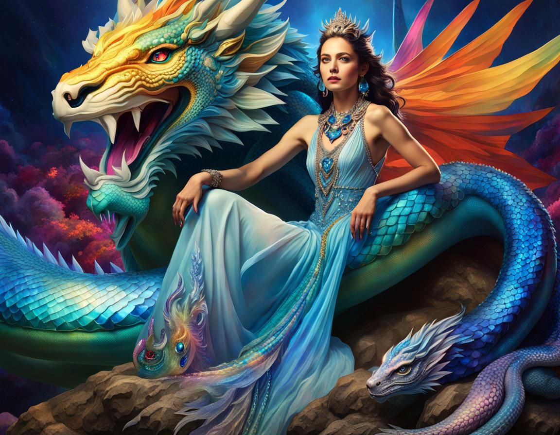 Fantasy Art: Woman on Serpent with Dragon