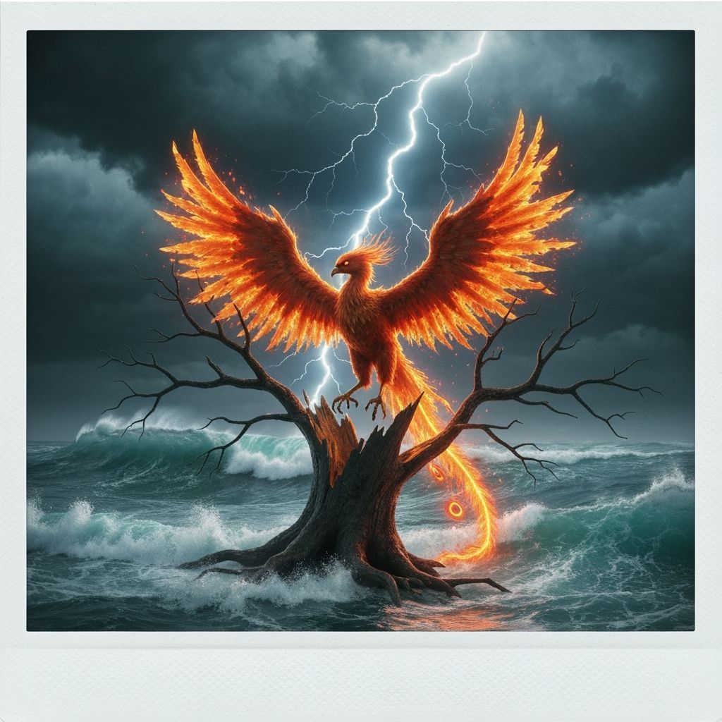 Phoenix Rises from Lightning-Struck Tree in Stormy Seas