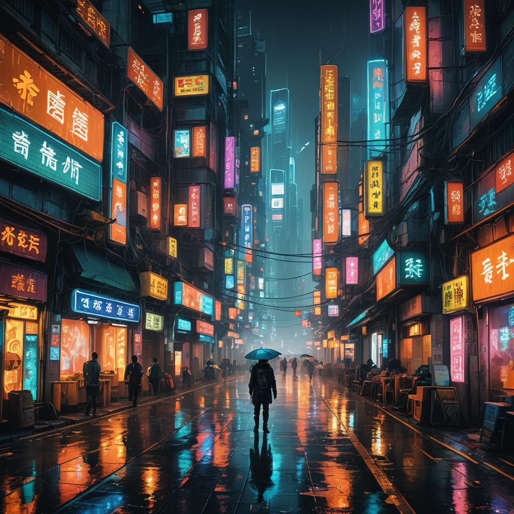 Cyberpunk Guangzhou Cityscape with Neon Reflections