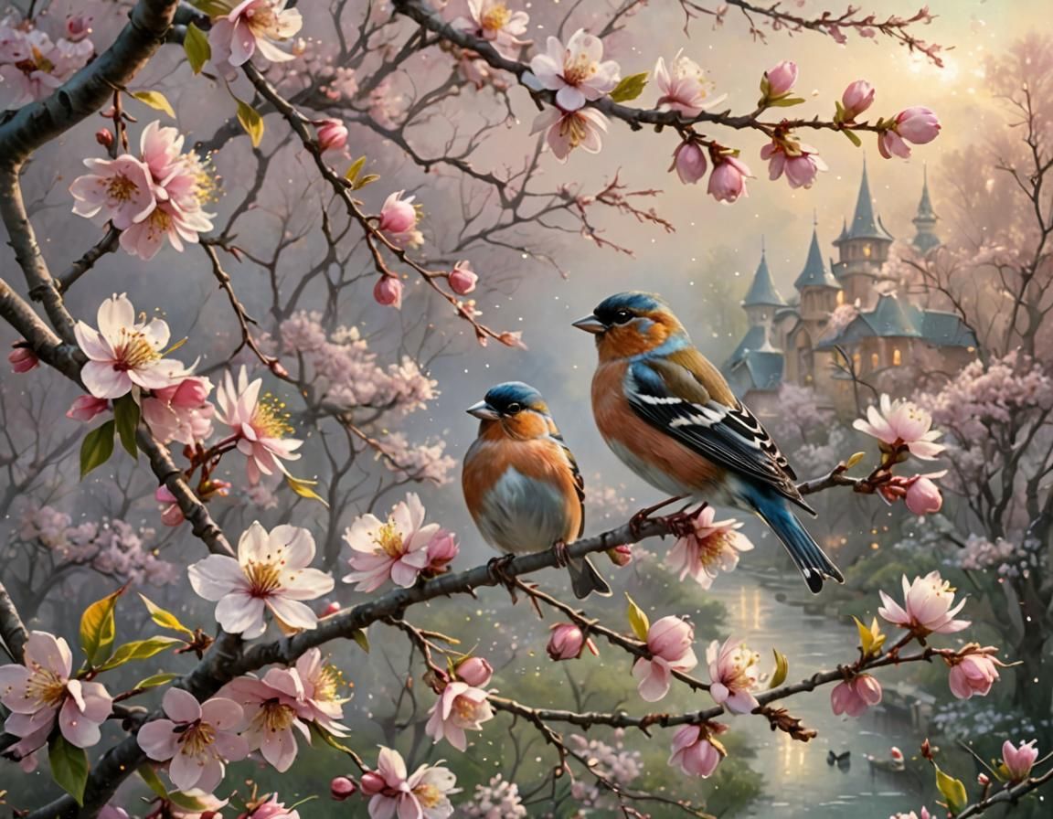 Chaffinch on Flowering Almond Tree in Ethereal Style
