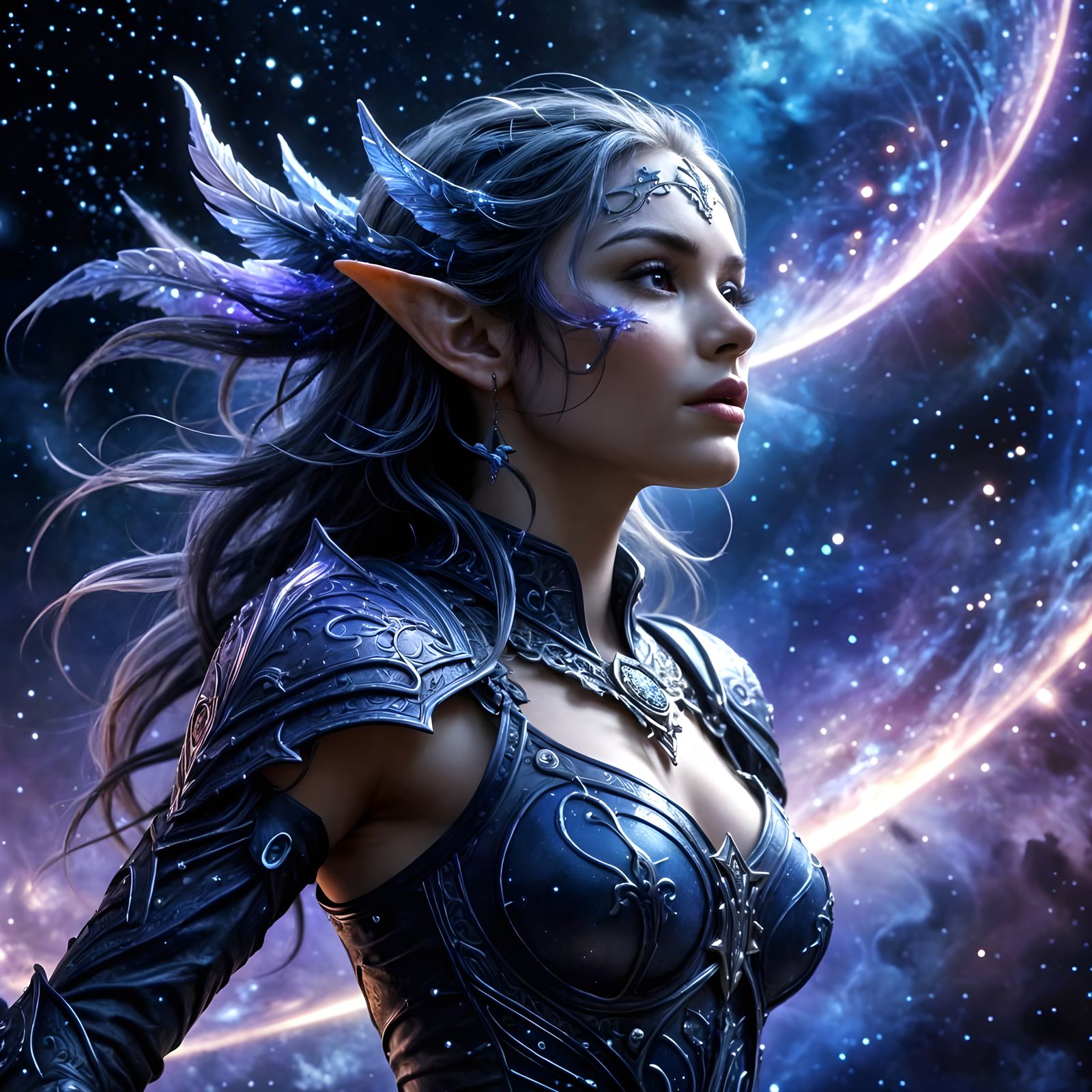 Celestial Elf in Cosmic Nebula, Hyperrealistic Fantasy Art