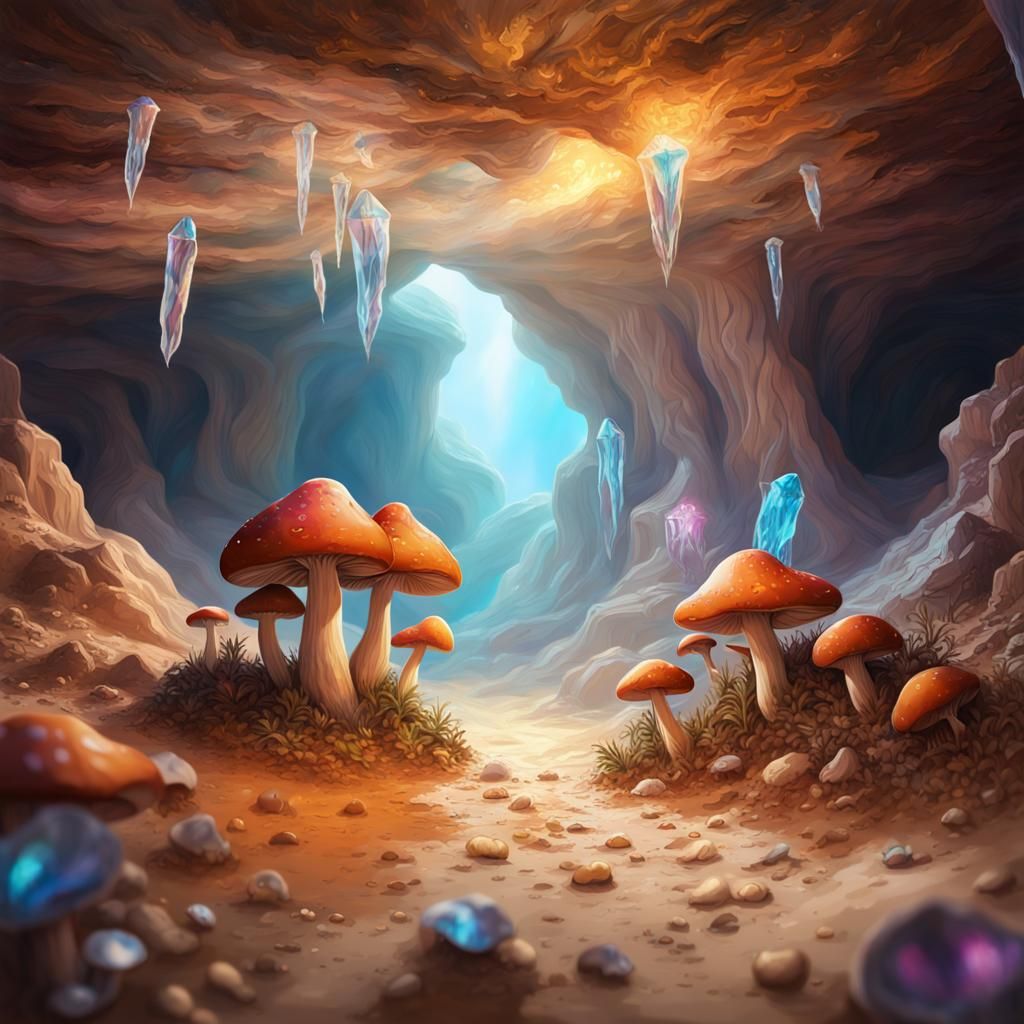 Desert Cave with Bright Crystals and Mushrooms