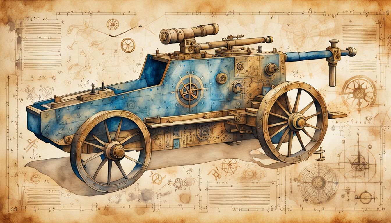 Detailed Blueprints of War Machines in Watercolor