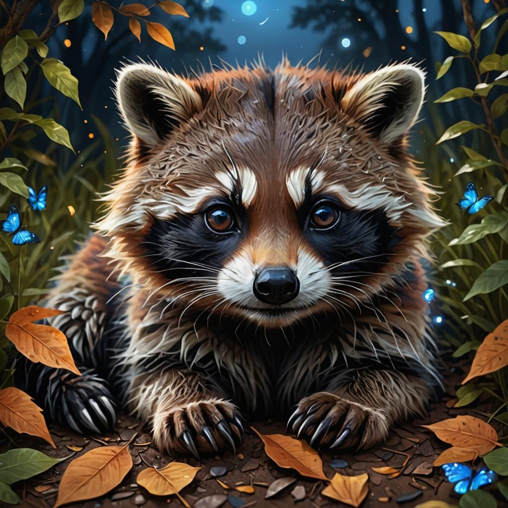 Hyper-Realistic Raccoon Portrait with Fireflies