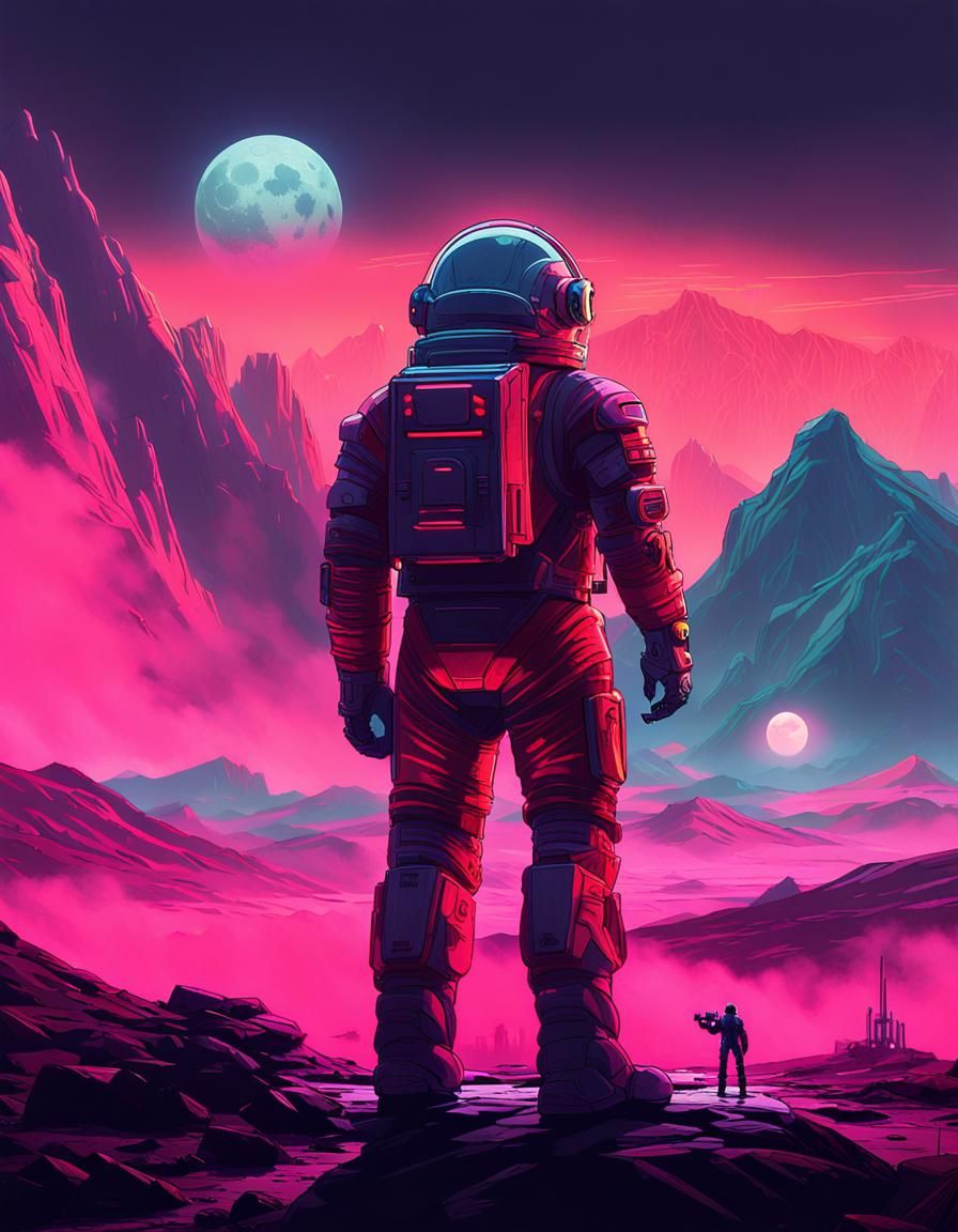 Cyberpunk Astronaut Stands Before Towering Mech in Moody Lan...