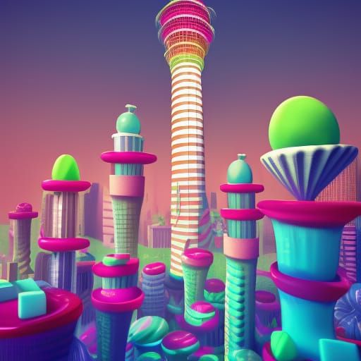 Vibrant Candy Skyscraper City in Gouache Style
